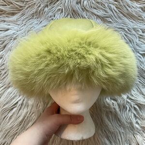 Surell Light Green Dyed Genuine Fox Fur Trim Shearling Lined Leather Hat EUC OS
